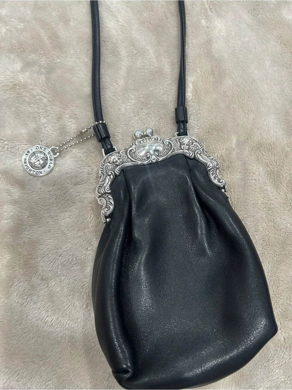 Brighton Black Leather Crossbody with Ornate Silver Frame and Charm